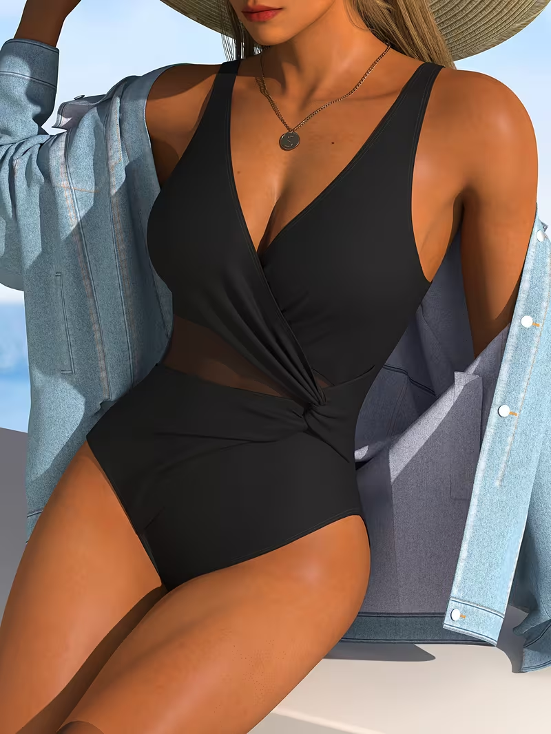 Black One-Piece Swimsuit Mesh Splicing Adjustable Shoulder Straps Women'S Swimwear