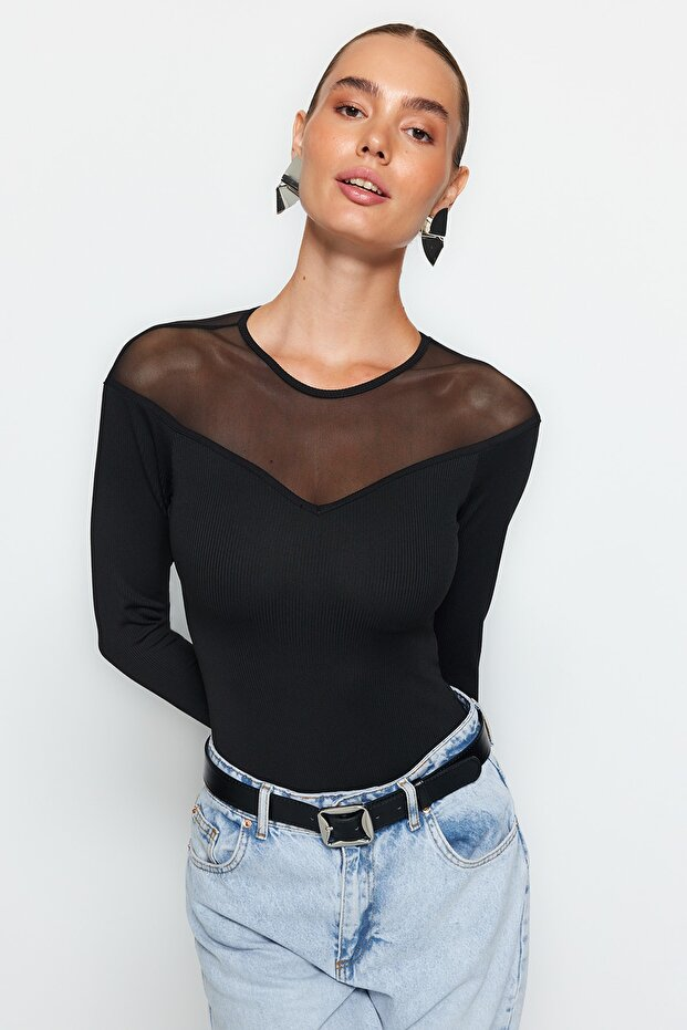 Black Slim Fit Tulle Detail Heart Neckline Bottom Snap Button Ribbed Stretch Knit Bodysuit