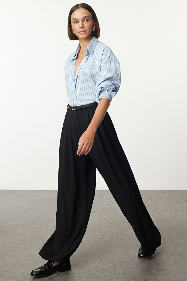 Black Belted Pleated Wide Leg/Extra Wide Leg Woven Palazzo