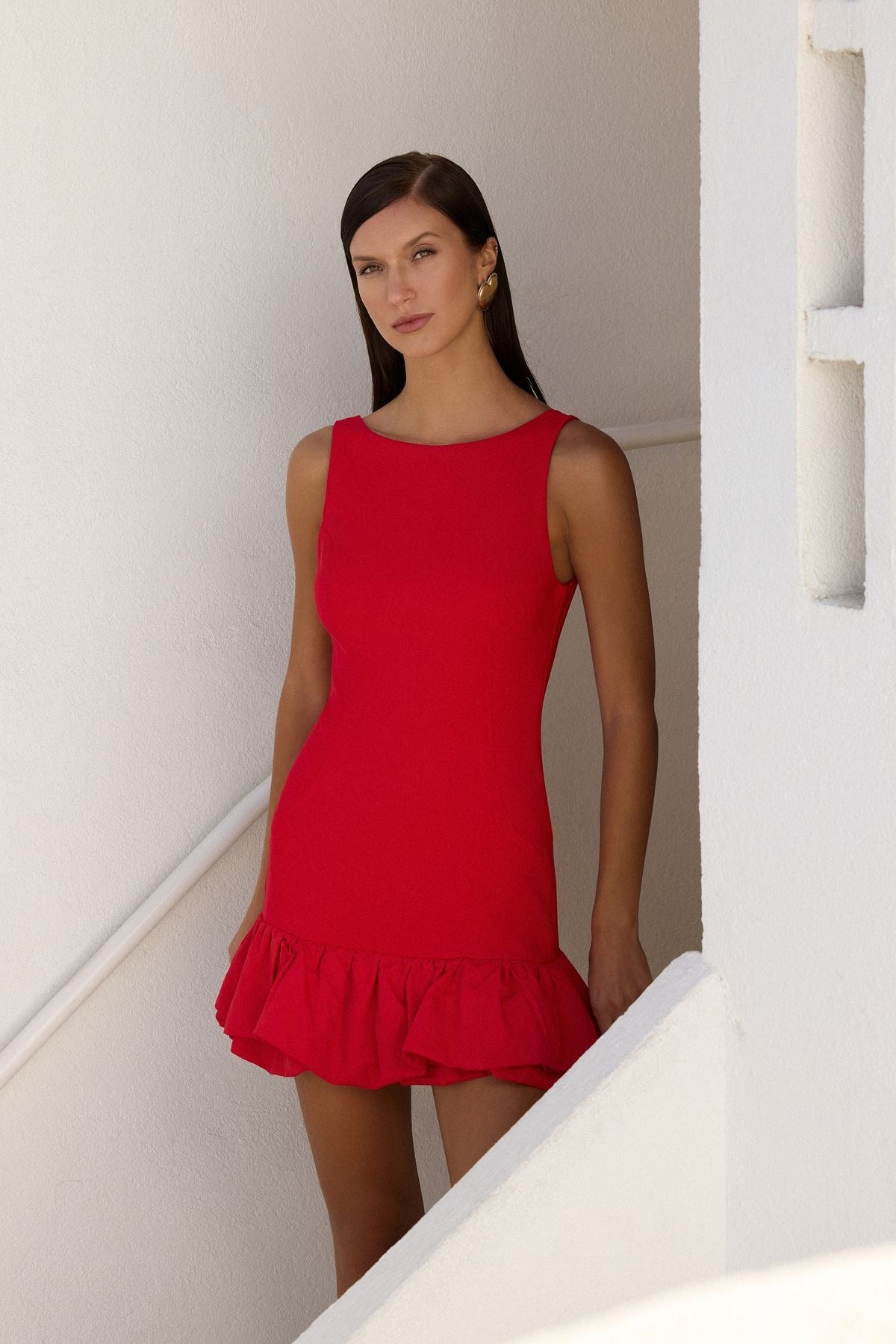Red Balloon Skirt Detailed Inside Shorts Lined Woven Short Evening Night Graduation Dress