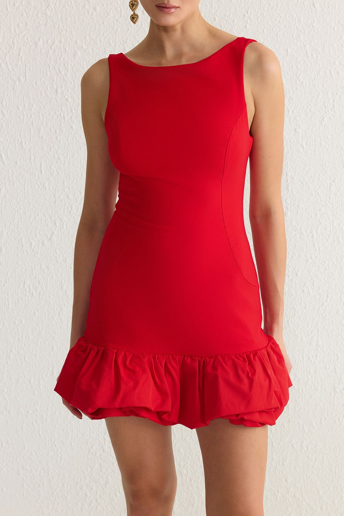 Red Balloon Skirt Detailed Inside Shorts Lined Woven Short Evening Night Graduation Dress