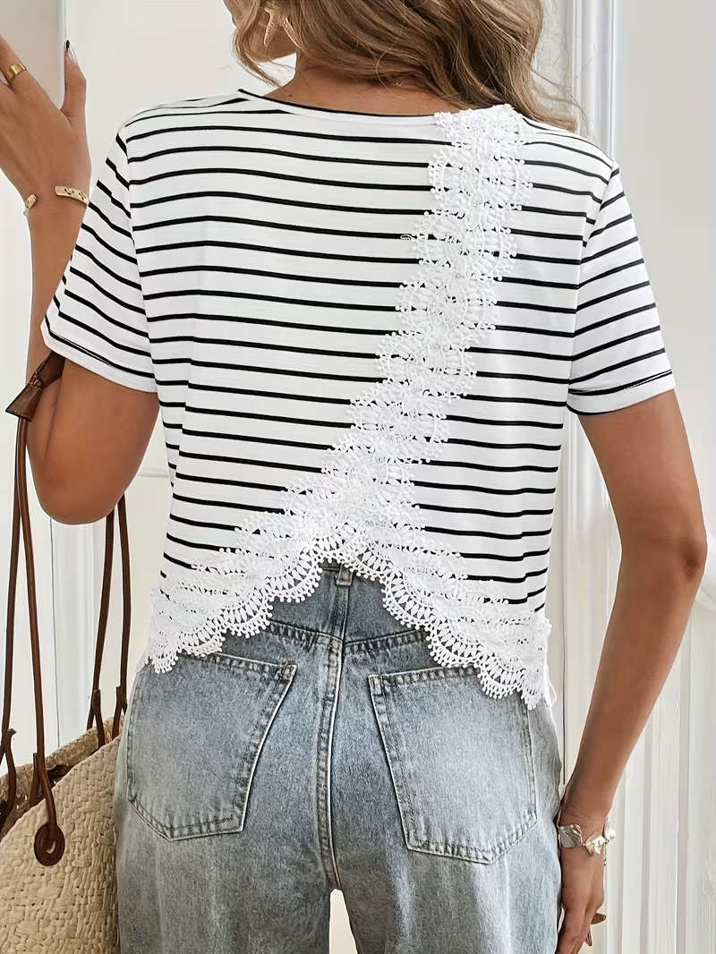 Women's Short-Sleeve Striped T-Shirt with Back Lace Panel - Vertical Stripes & Short Length for Summer Casual or Dressy Outfits - Machine Washable Blouse