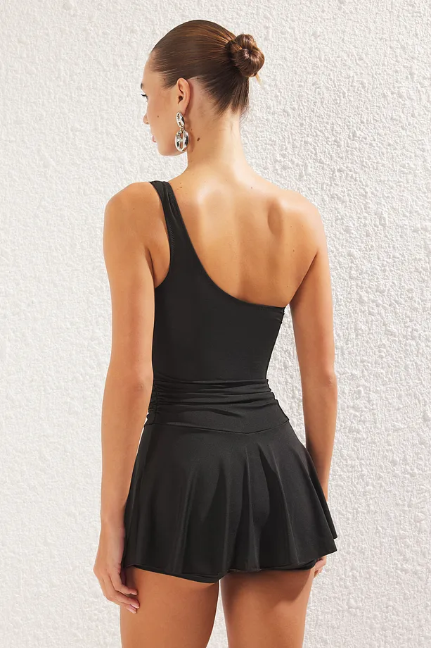 Black One Shoulder Skirt Shorts Swimsuit