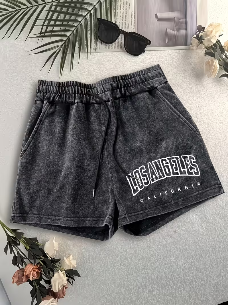 Los Angeles Letter Print Washed Women's Y Casual Shorts with Elastic Drawstring Waist, Versatile for Home Wear, Lifestyle Fashion