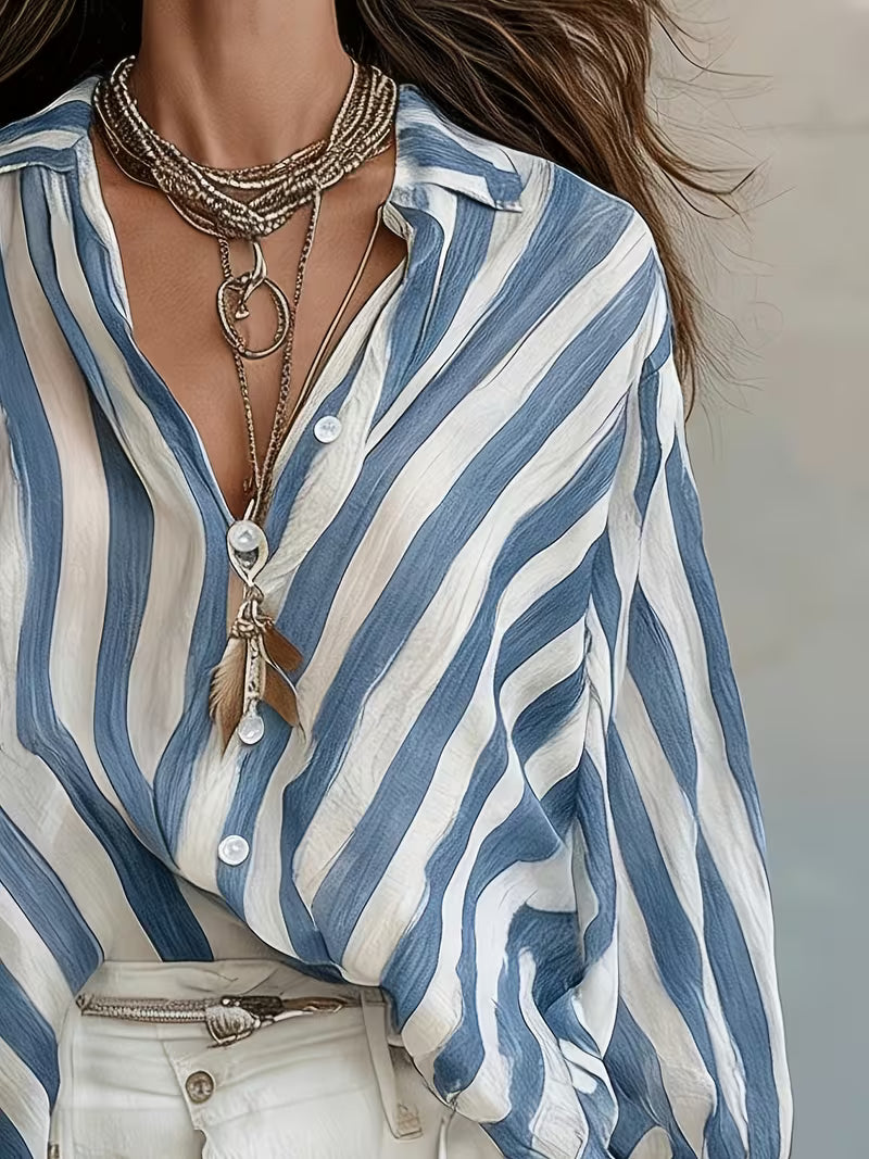 Spring Summer New Style Retro Striped Long Sleeve Women'S Shirt, Loose Vacation Style Beach Top, Casual Commute