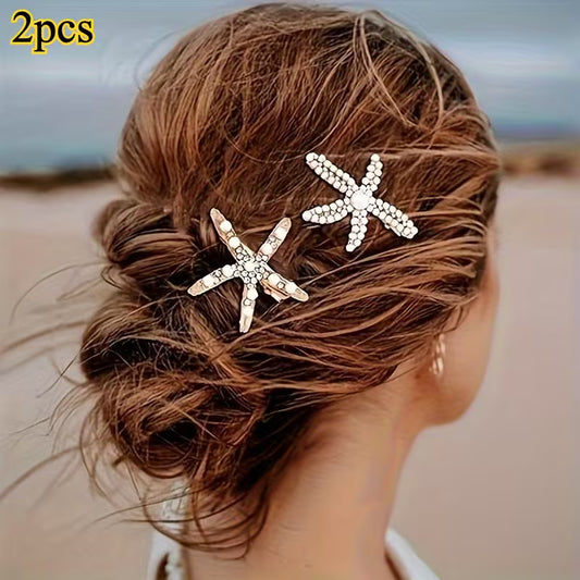 A Set of 2 Sweet Starfish Hair Clips Adorned with Faux Pearls, Elegant Hair Accessories for Women.