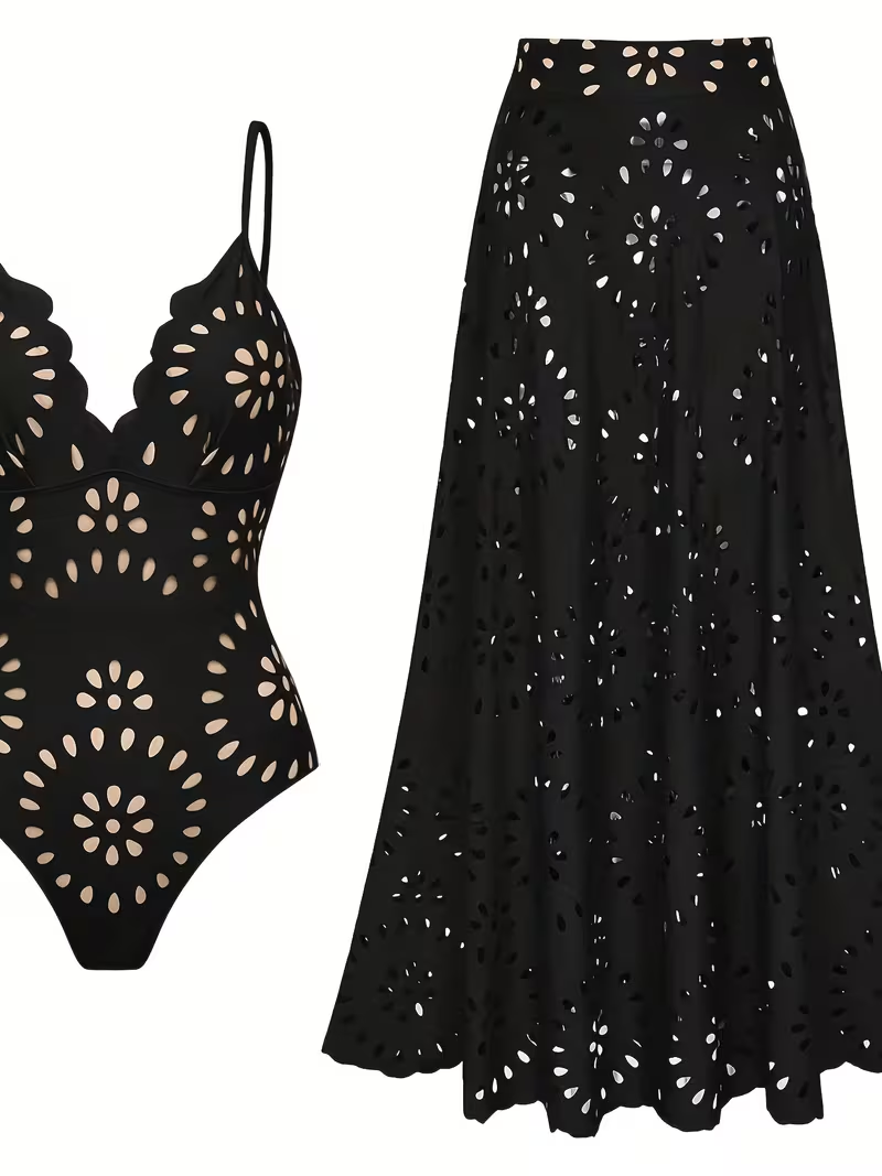 Bikini Cut-Out Maxi Skirt Black Two-Piece Swimsuit Set