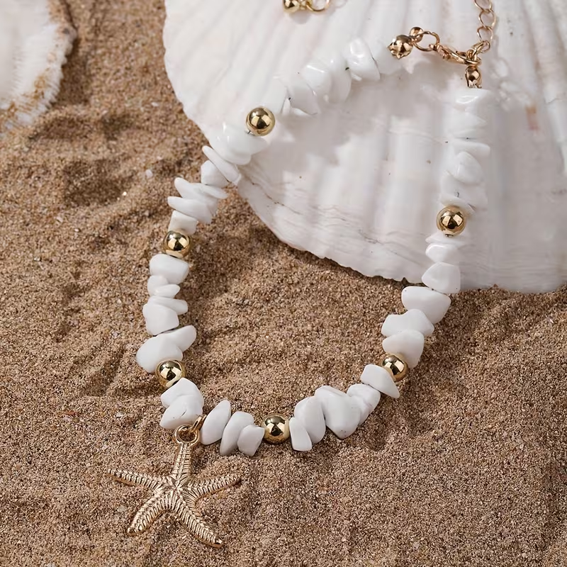 Ocean-Themed White Stone Anklet, Adjustable Size