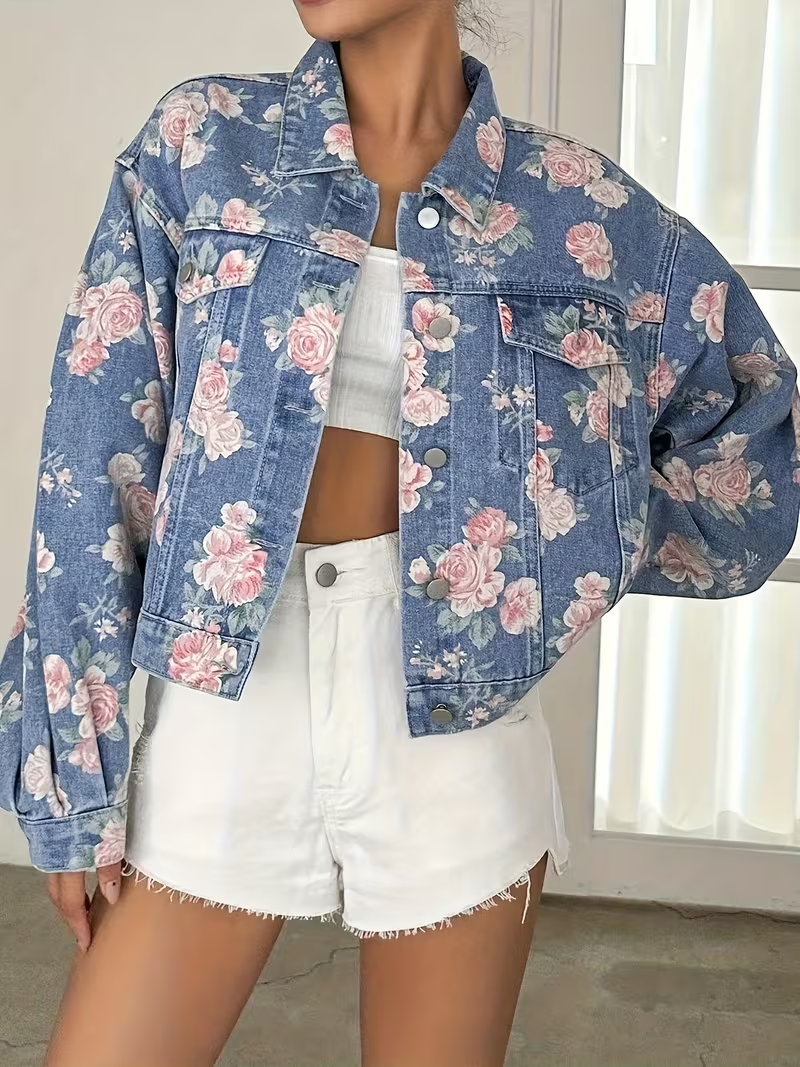 Women's Vintage Floral Print Denim Jacket - Relaxed Drop Shoulder Button-Front Closure