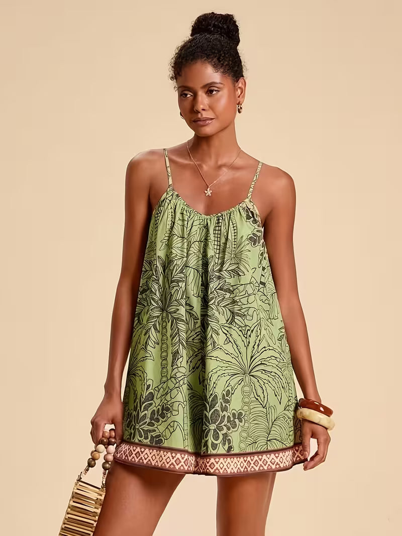 Women'S Tropical Style Printed Casual Jumpsuit, Suitable for Vacation Wear