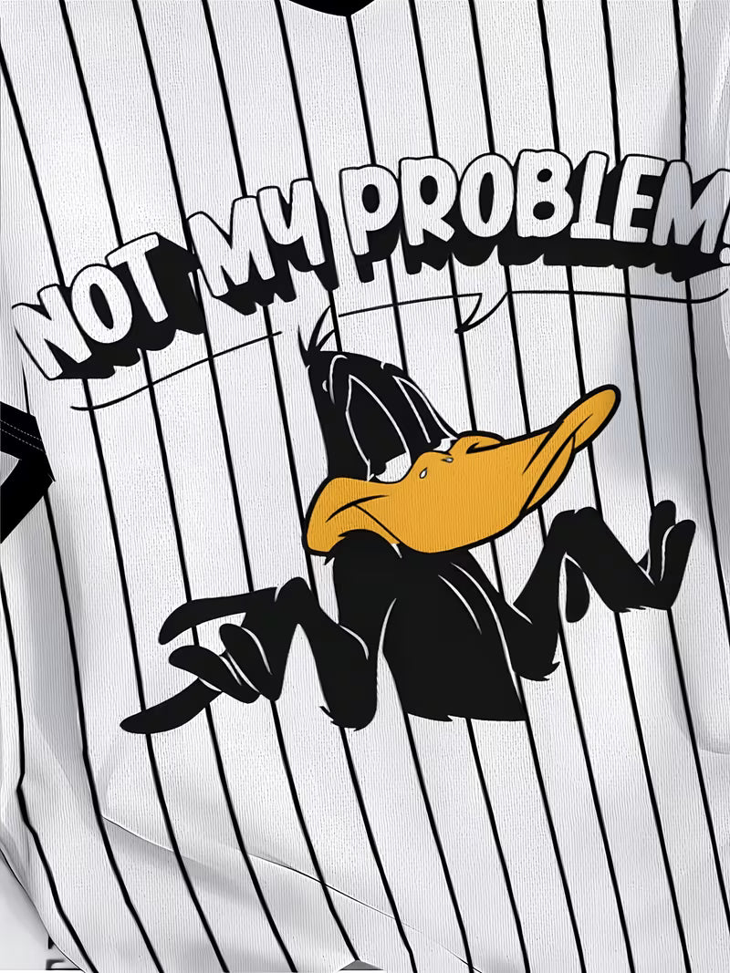Warner Bros Looney Tunes Daffy Duck Character Lines V-Neck T-Shirt for Women, Low-Key Exquisite Style American Cartoon Casual Daily Short Sleeve Top
