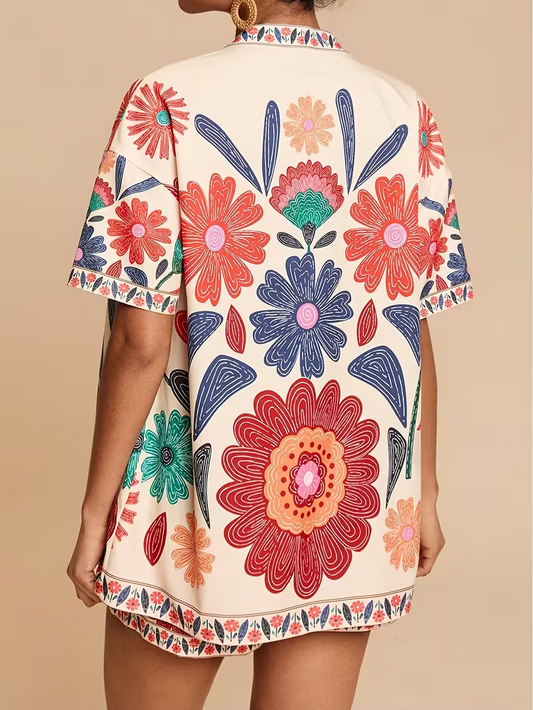 2pcs Tropical Print Short Sleeve Top and Shorts Set