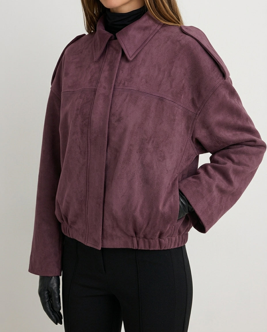 Burgundy Oversize Suede Bomber Thin Jacket Coat