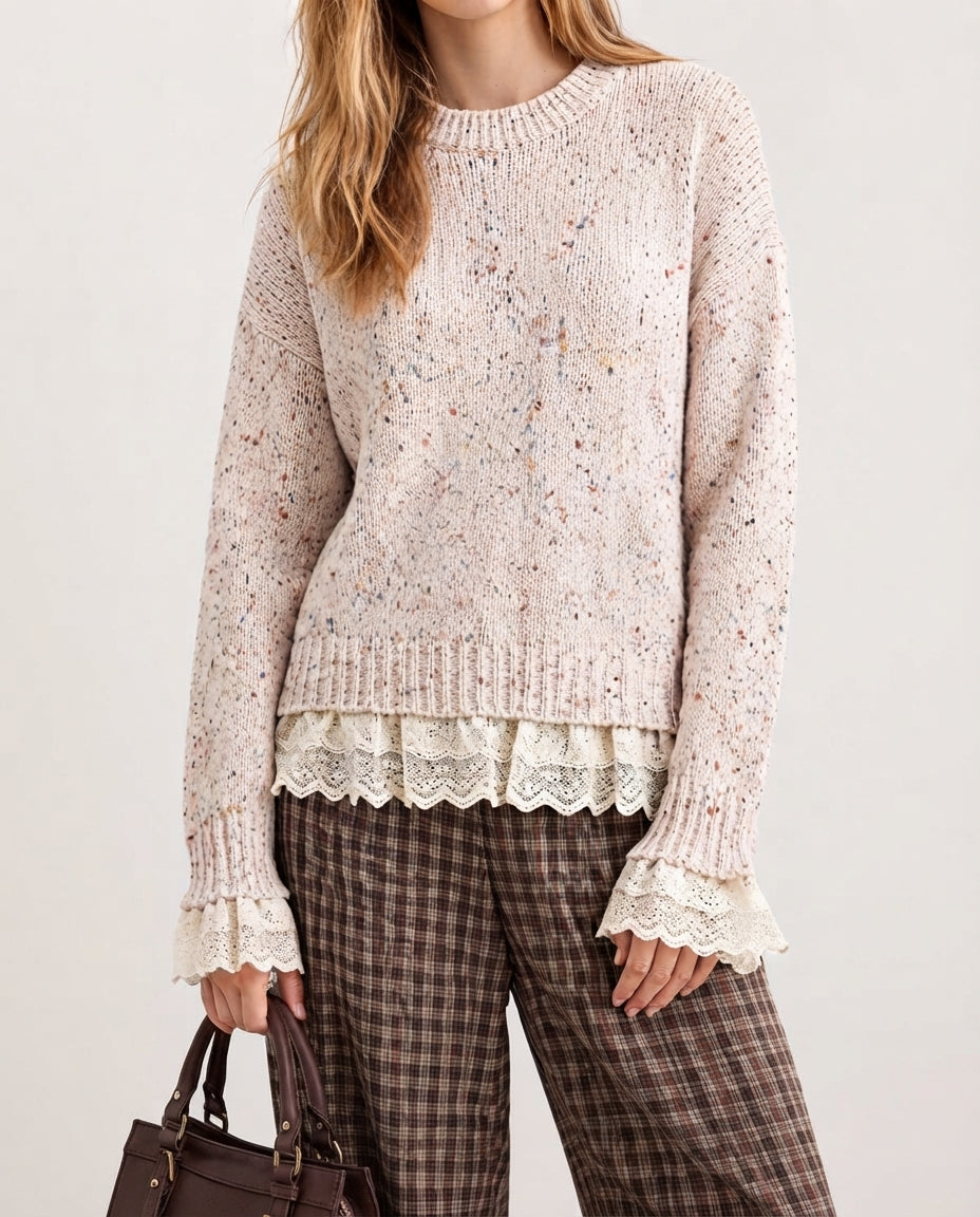 Ecru Nopeli Wide Fit Lace Trimmed Knit Sweater