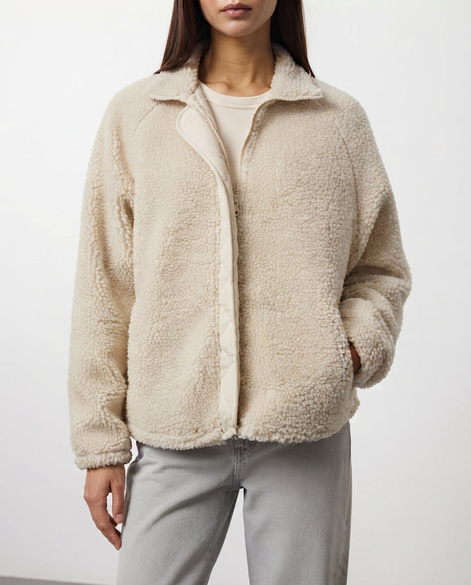 Stone Plush Regular/Normal Fit Woven Trimmed Zippered Thick Knit Cardigan/Sweatshirt
