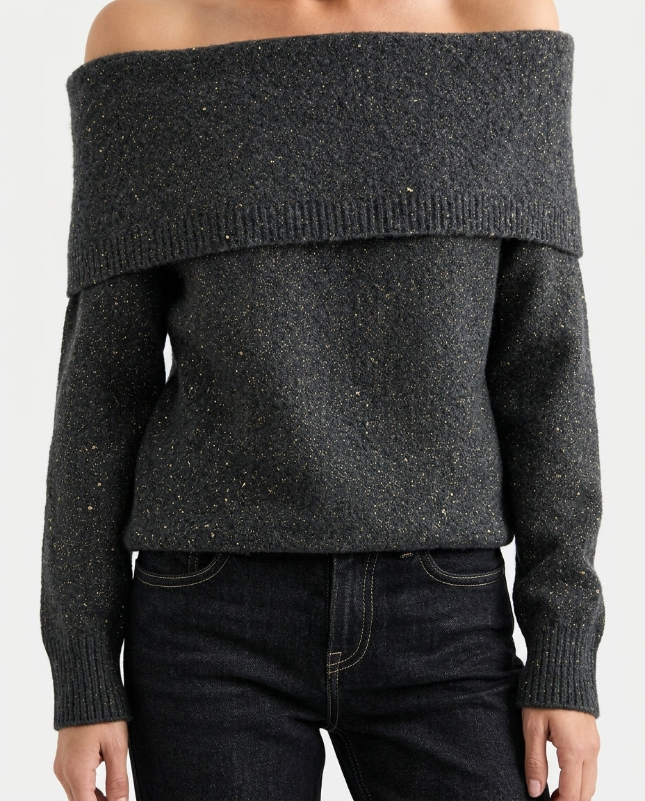 Anthracite Soft Textured Carmen Neck Knit Sweater