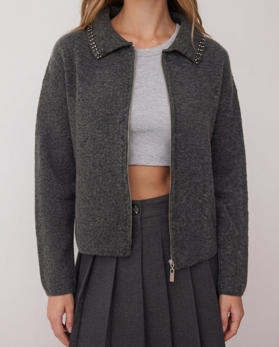 Dark Anthracite Soft Textured Pearl Embellished Loose Fit Knit Cardigan