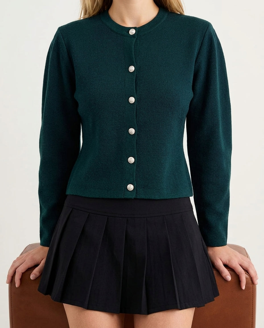Emerald Green Basic Jacket-Look Crop Knit Cardigan