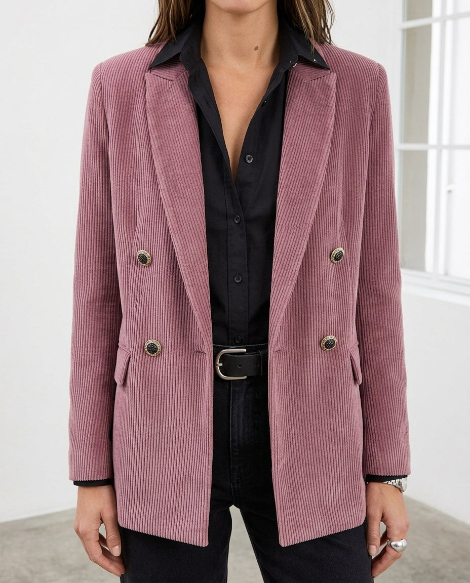 Rose Pink Double-Breasted Regular Fit Corduroy Blazer Jacket
