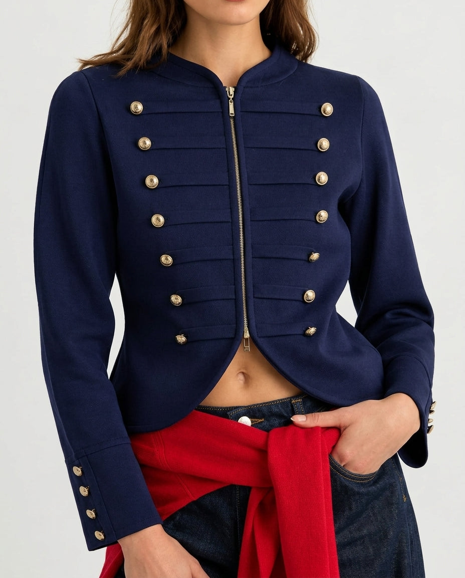 Navy Fitted/Body-hugging Embellished/Napoleon Button V-Neck Crop Knit Cardigan