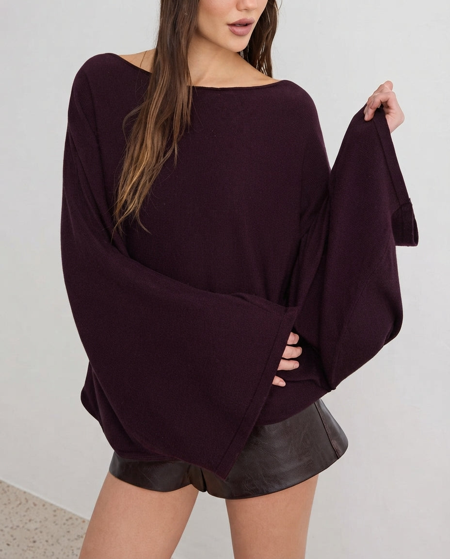 Plum Soft Boat Neck Batwing Sleeve Detail Knitted Sweater