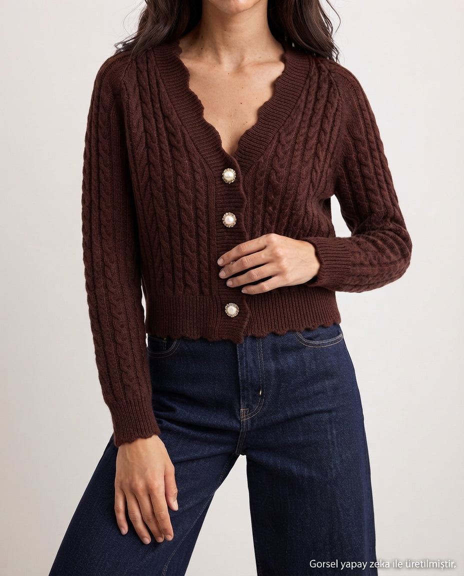 Light Brown Soft Textured Crop Knit Cardigan with Pearl Button Detail