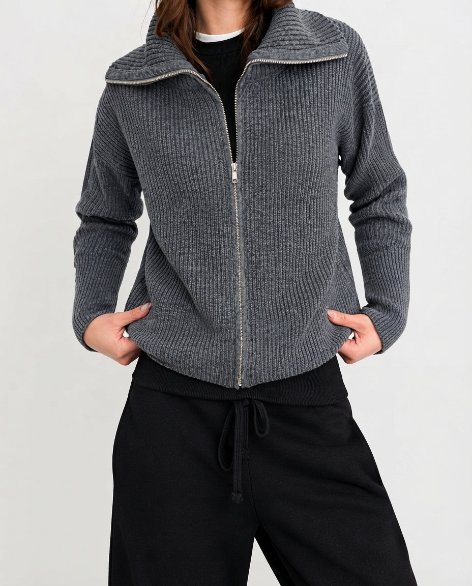 Anthracite Wide Fit Turn-Down Collar Zippered Knit Cardigan