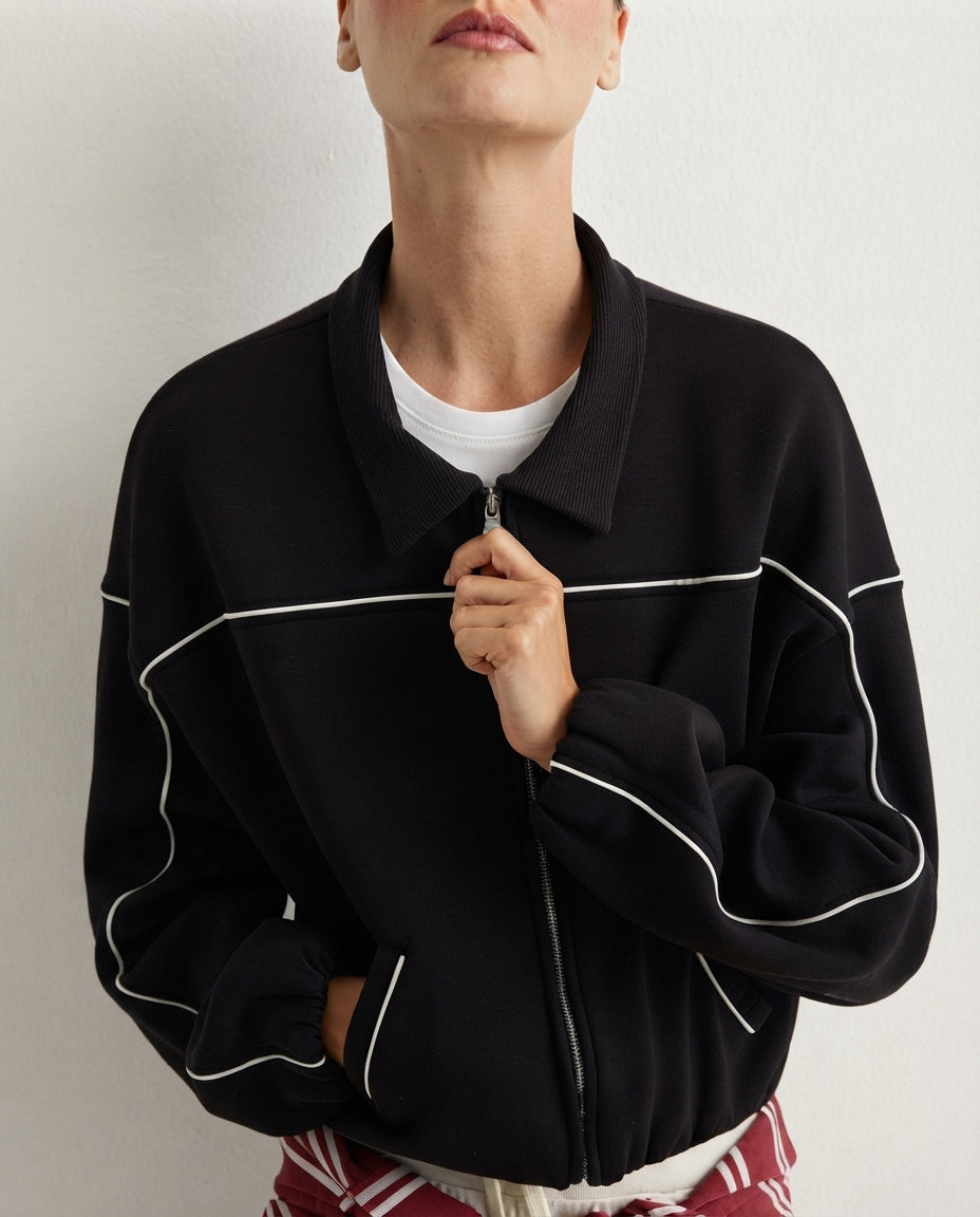 Black Contrast Trim Detail Zip-Up Polo Collar Regular Fit Knitted Cardigan/Sweatshirt