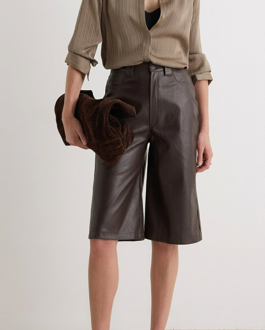 Brown Straight Leg Capri Faux Leather Knitted Shorts & Bermudas
