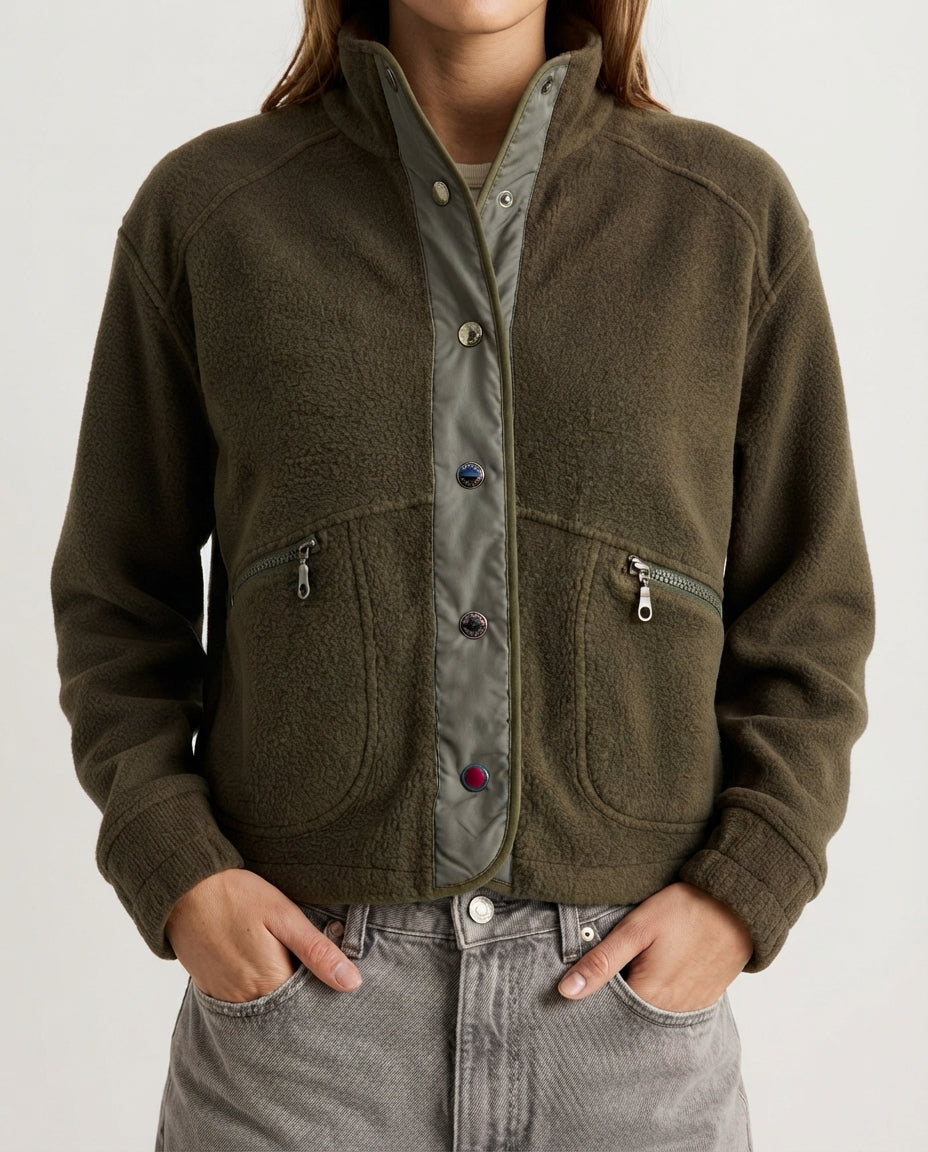 Khaki Plush Relaxed Fit Stand Collar Snap Button Knitted Sweatshirt