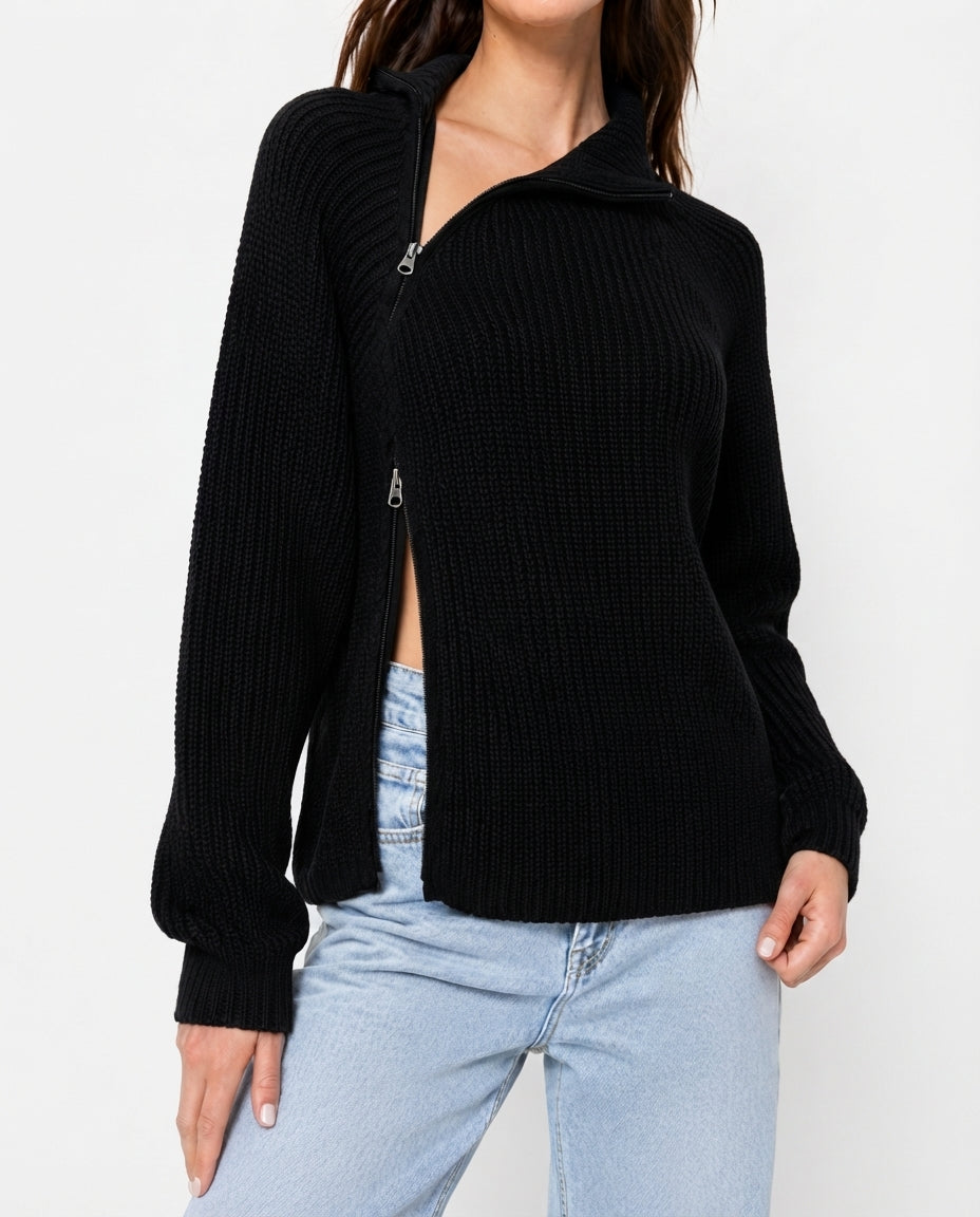 Black Knitted Sweater with Zipper Detail
