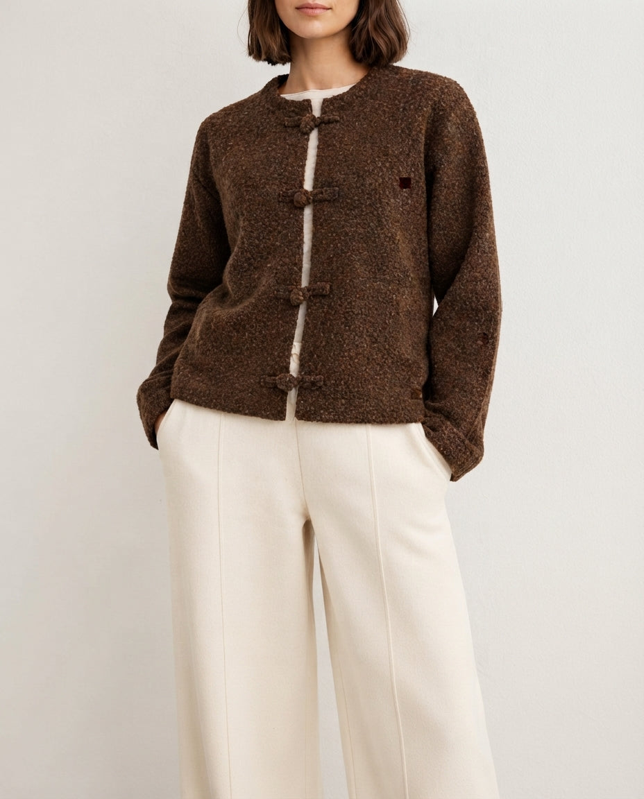 Brown Soft Textured Knit Cardigan with Front Closure Detail