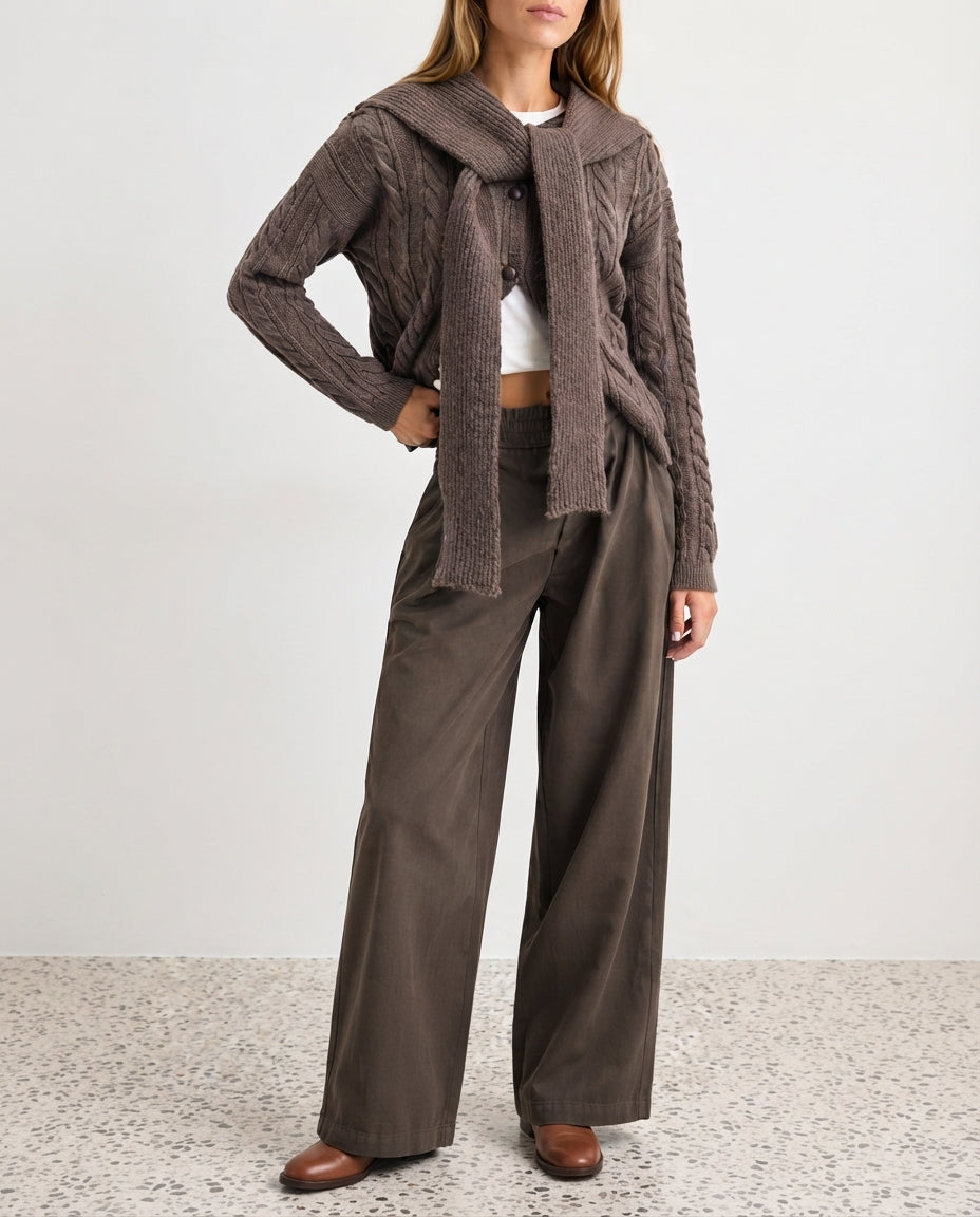 Brown Hooded Cardigan with Tie Detail and Cable Knit Design