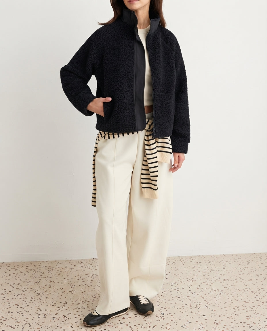 Black Plush Regular Fit Woven Trimmed Zippered Knitted Cardigan/Sweatshirt