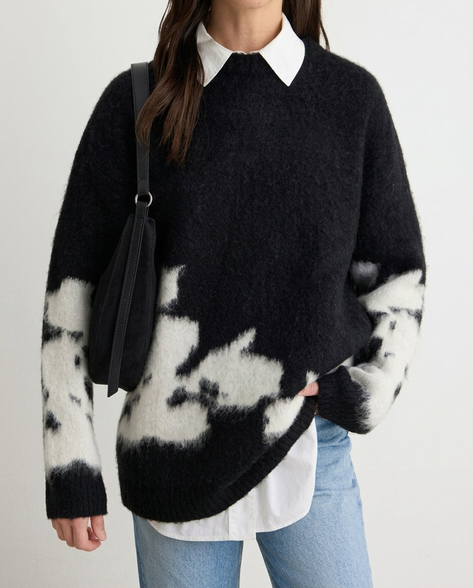Black Floral Embroidered Thick Oversize Knit Sweater