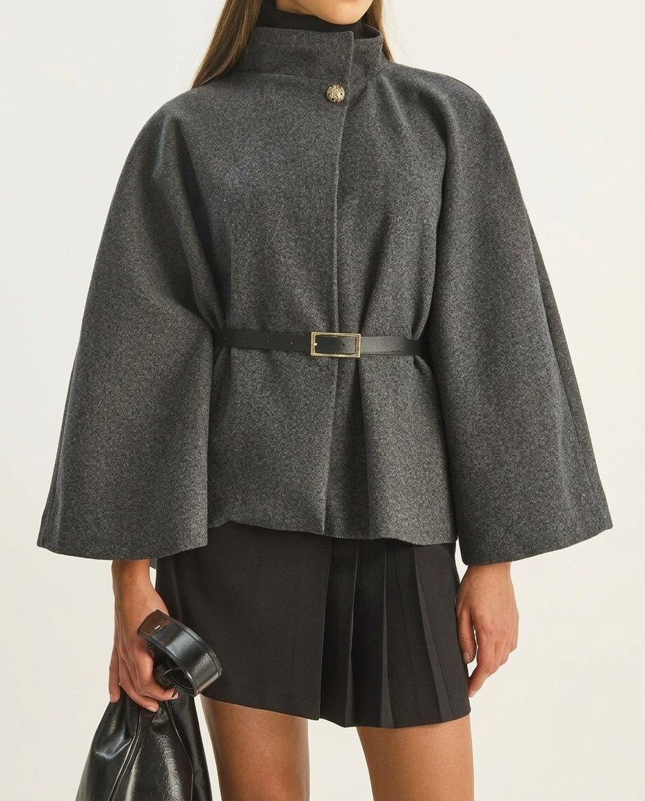 Women's Anthracite Gold Button Detail Belted Poncho