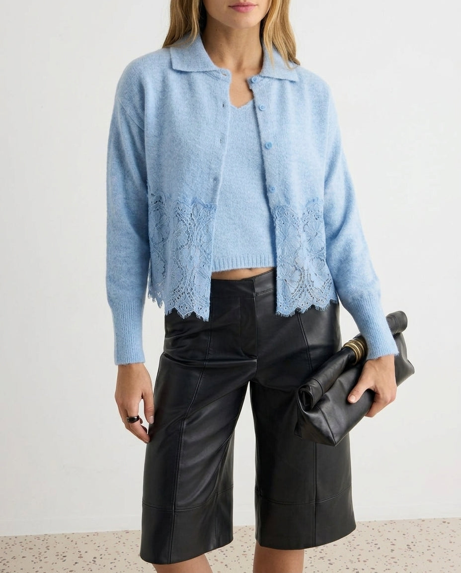Blue Lace Polo Collar Cardigan-Blouse 2-Piece Set Knitted Cardigan