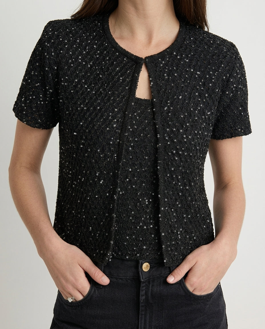 Black Glittery 2-Piece Blouse-Cardigan Knit Cardigan