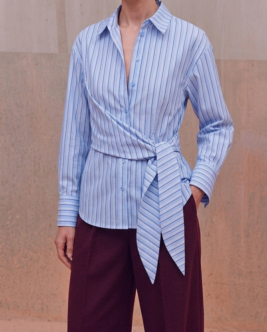 Trendyol Studio Blue-Multicolored Striped Shirt with Tie Detail