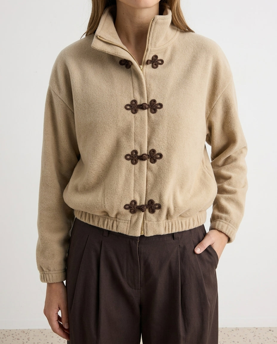 Mink Stand Collar Oversize Knitted Sweatshirt with Chinese Button Detail