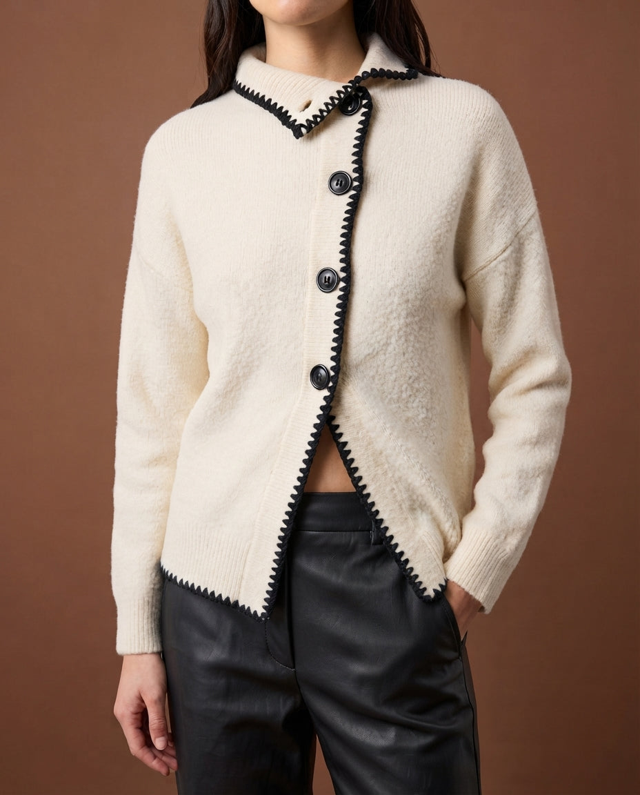 Off-White Soft Textured High-Neck Color Block Knit Cardigan