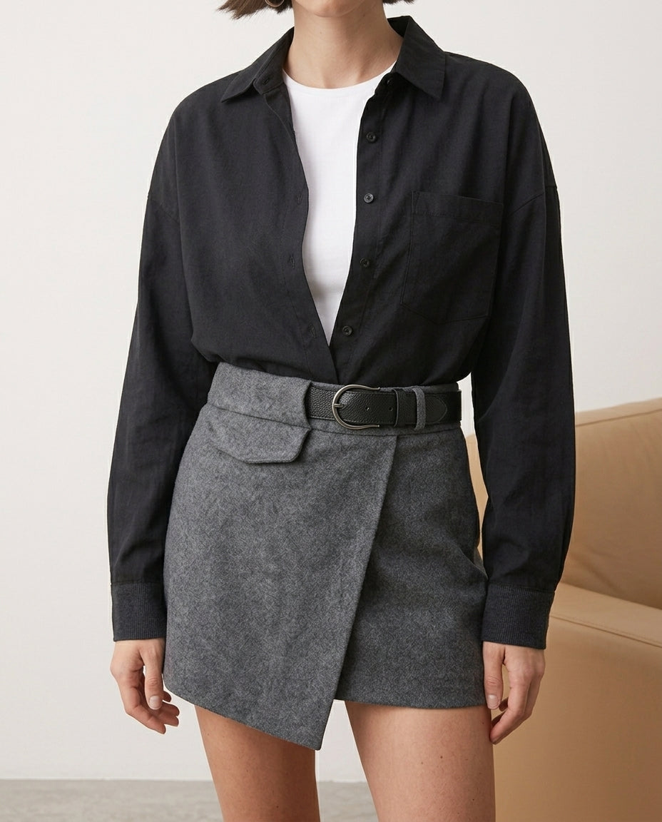 Anthracite Woven Short Skirt with Belt Detail