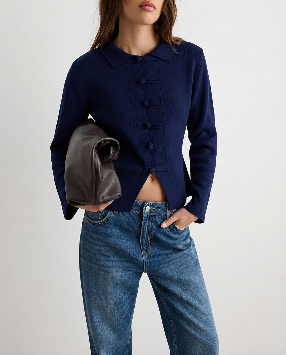 Navy Blue Polo Collar Mandarin Button Detail Knitted Cardigan