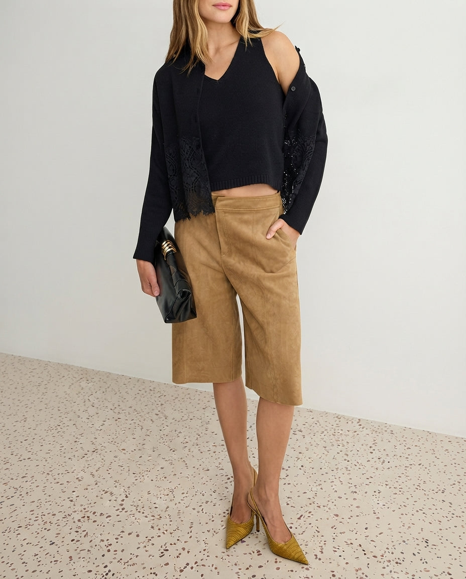 Black Lace Polo Collar Cardigan-Blouse 2-Piece Set Knitted Cardigan