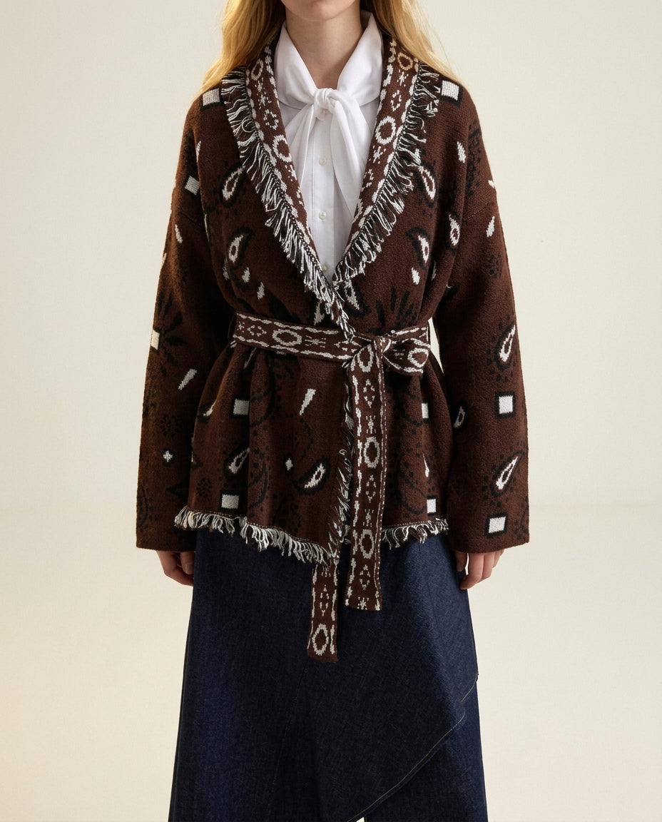 Brown Oversize Shawl Collar Ethnic Patterned Belted Knit Cardigan