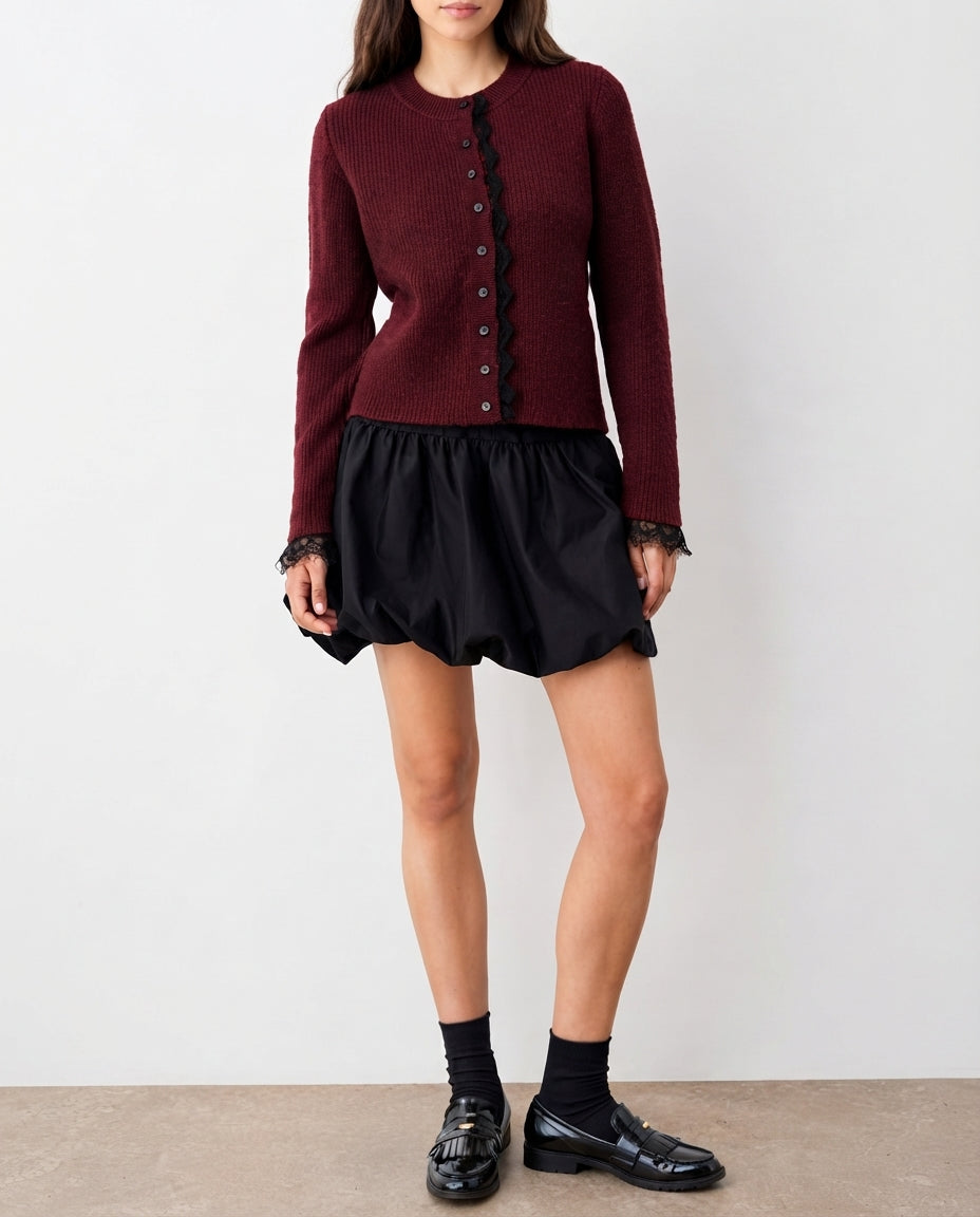Burgundy Soft Textured Lace Trimmed Crop Knit Cardigan
