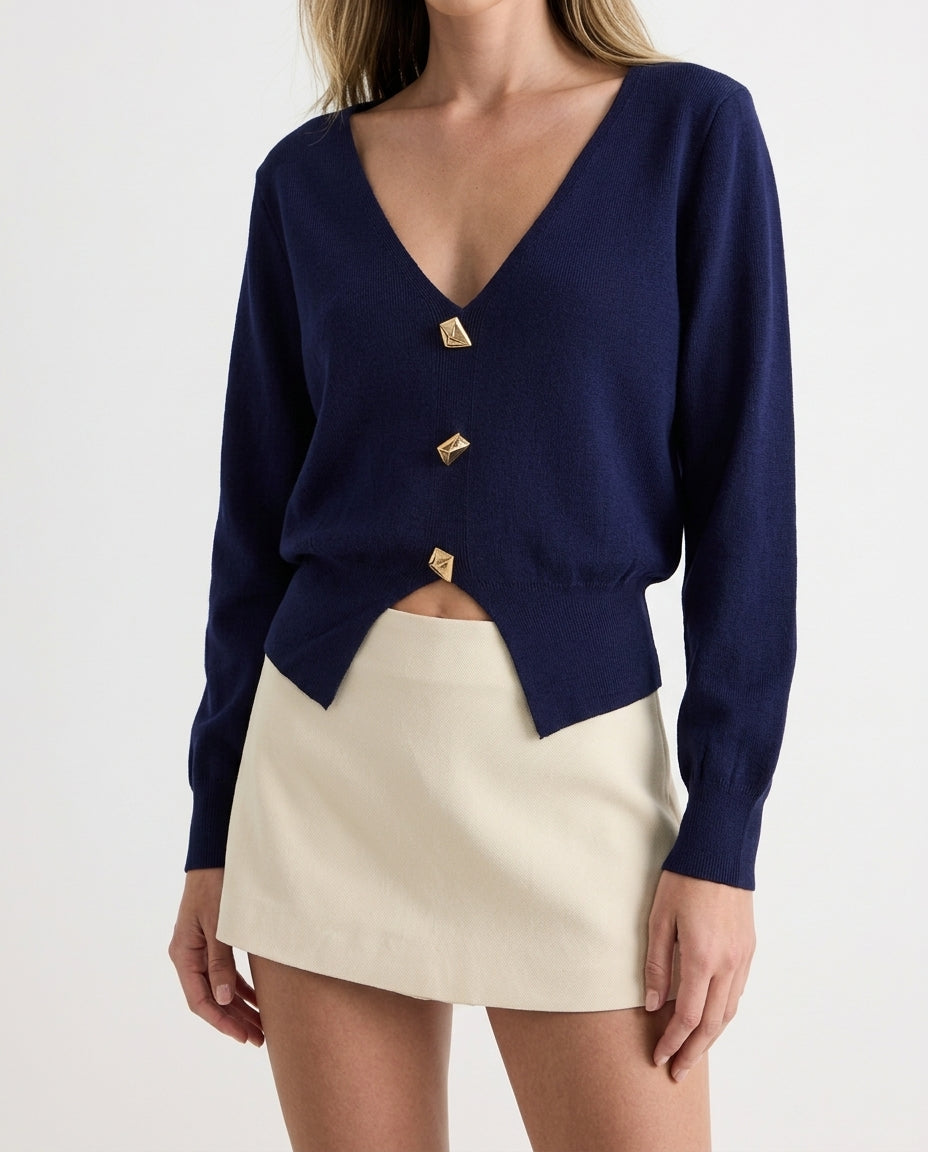 Navy Blue Knitted Cardigan with Large Button Detail