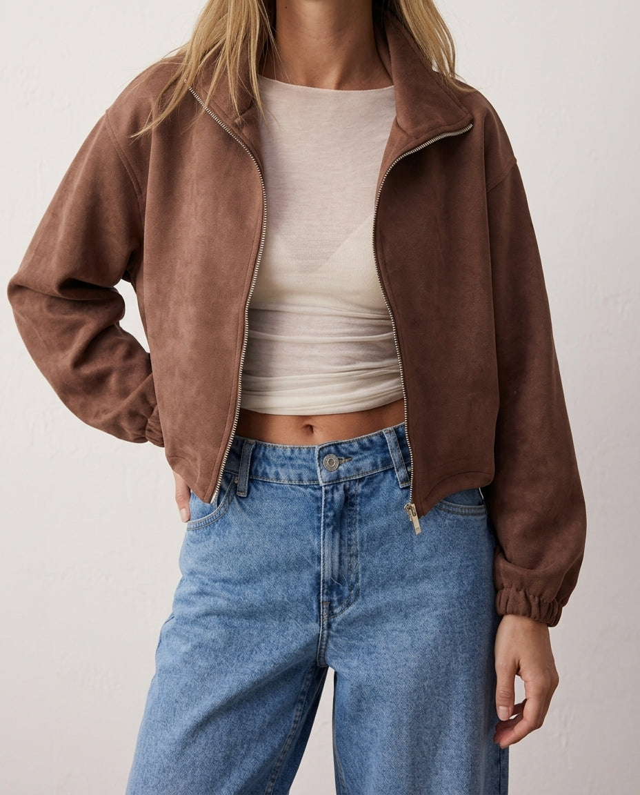 Dark Brown Plain Zippered Unlined Regular Fit Knitted Suede Jacket