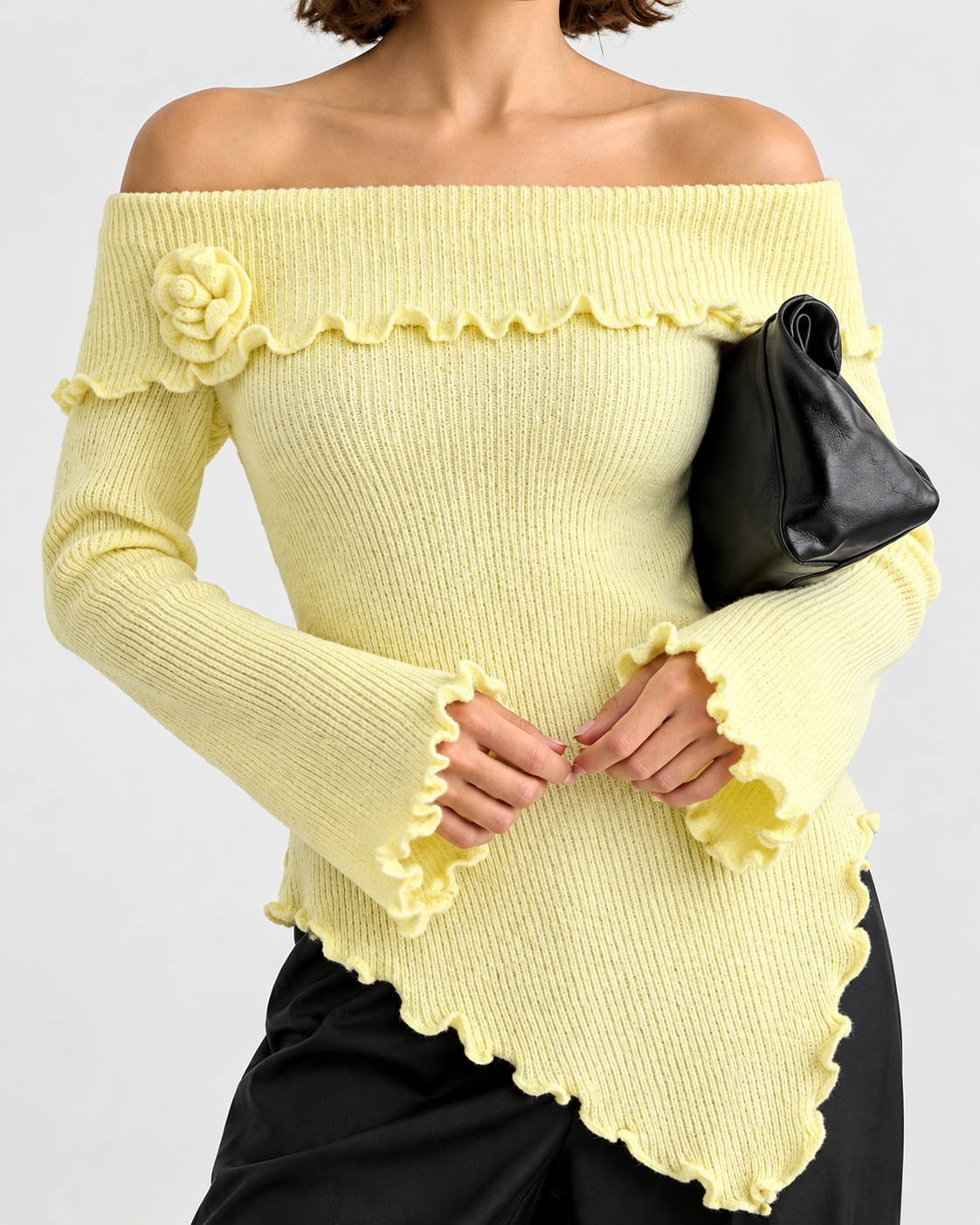 Yellow Rose Detail Soft Textured Knit Sweater
