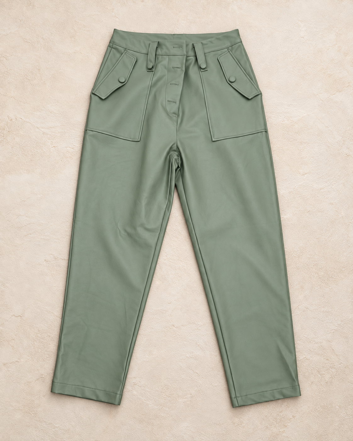 Limited Edition Green Carrot Woven Front Button Faux Leather Trousers